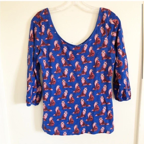 ANTHROPOLOGIE Forest Fete Novelty Fox Print 3/4 Sleeve Top Blue M As Seen On TV - Picture 9 of 13